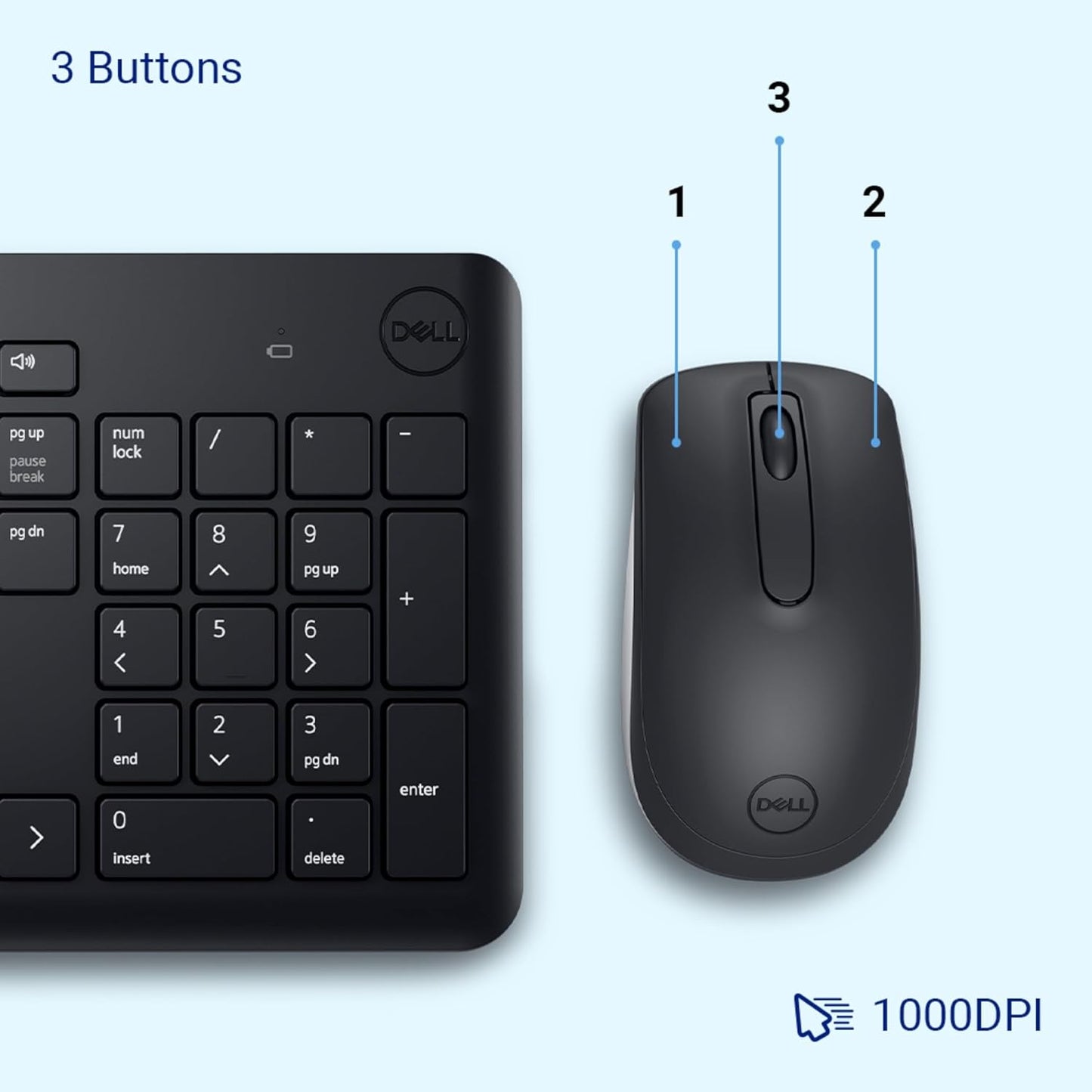 Dell KM3322W Wireless USB Keyboard and Mouse Combo (Full-Size, Hot Keys, 1000 DPI, Black)