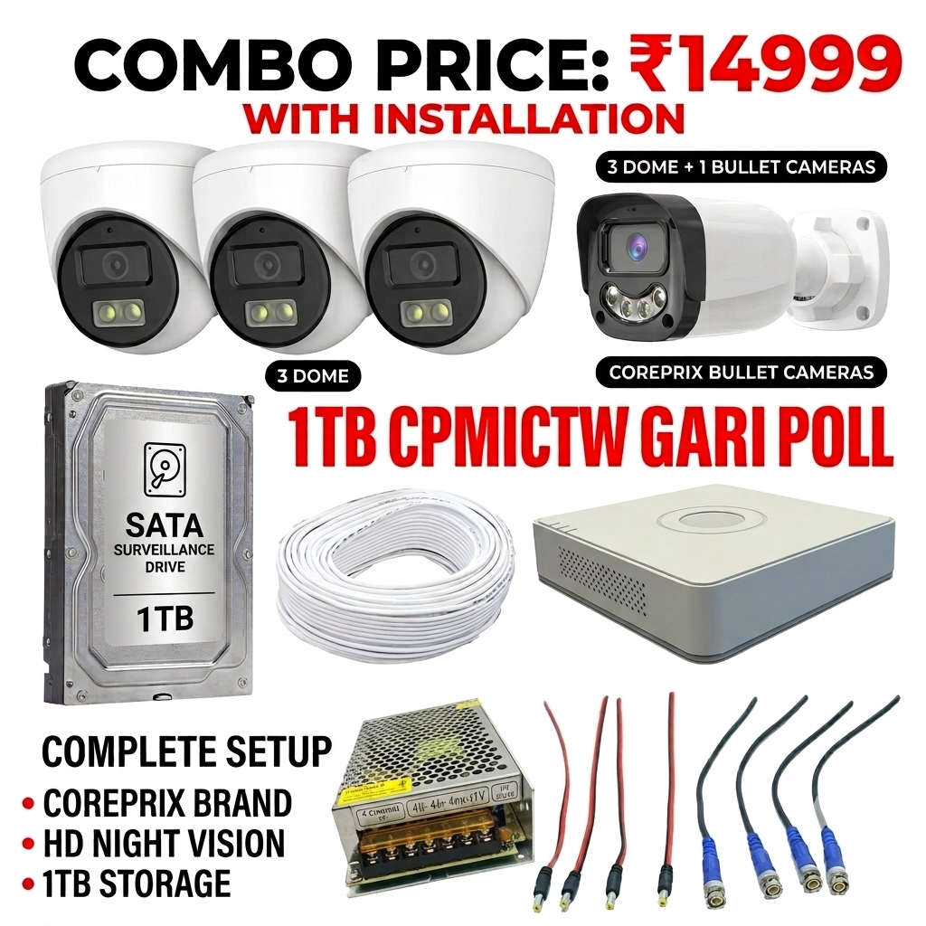Coreprix 4-Channel HD CCTV Camera Security System Combo Pack (3 Dome + 1 Bullet) with 1TB Storage & Installation Included