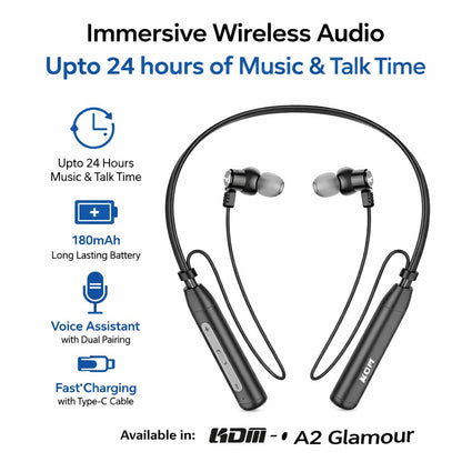 KDM A2 Glamour Wireless Neckband Earphones, Bluetooth 5.3, 24 Hours Playtime, Type-C Charging, Black