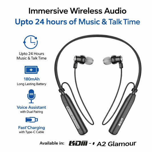 KDM A2 Glamour Wireless Neckband Earphones, Bluetooth 5.3, 24 Hours Playtime, Type-C Charging, Black