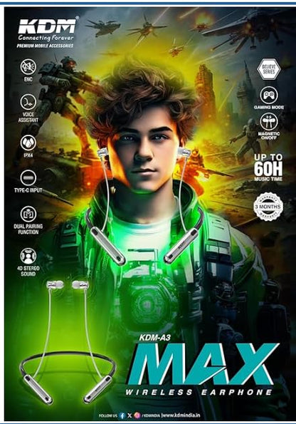 KDM A3 MAX Wireless Neckband Earphones, V5.4 Bluetooth, 60 Hours Playtime, Type-C Charging, Gaming Mode, Silver