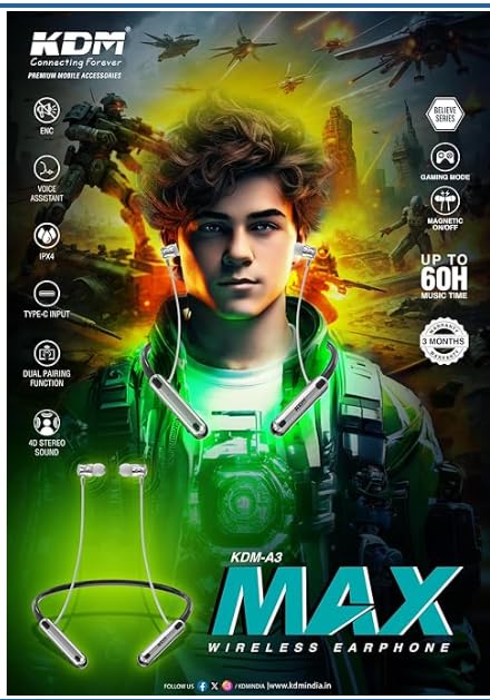 KDM A3 MAX Wireless Neckband Earphones, V5.4 Bluetooth, 60 Hours Playtime, Type-C Charging, Gaming Mode, Silver