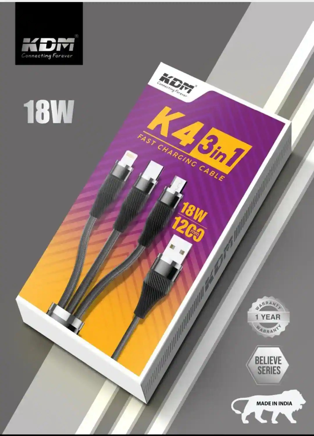 KDM K4 3-in-1 Fast Charging Cable 18W | Micro USB + Type-C + Lightning | 1200mm | Black