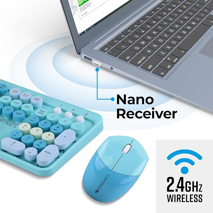 ZEBRONICS Companion 301 2.4GHz Wireless Keyboard & Mouse Combo - Retro Style, 104+12 Multimedia Keys, 1600 DPI - Zeb-Companion 301 (Aqua Green)