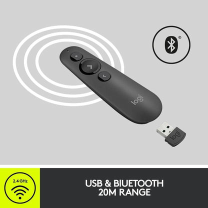 Logitech R500 Wireless Presenter with Red Laser Pointer (USB & Bluetooth, 20M Range, Graphite)