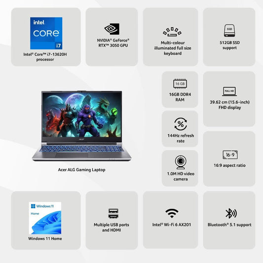 ALG AL15G-53 Gaming Laptop [CI7-13620H/16GB/512GB SSD/Win11 Home/15.6"/RTX3050 6GB/Grey] koi