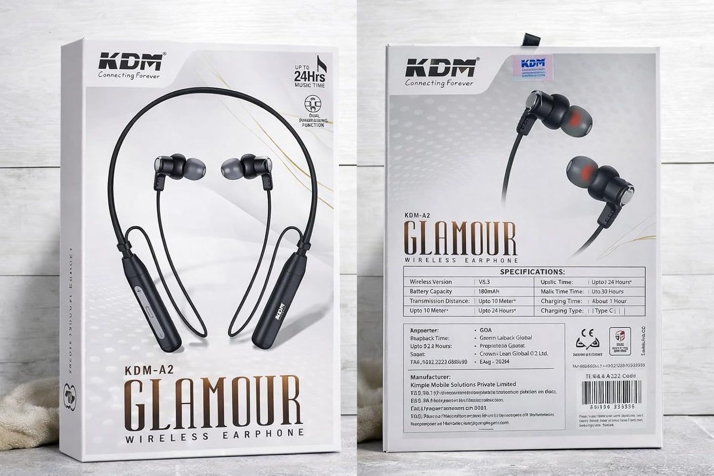 KDM A2 Glamour Wireless Neckband Earphones, Bluetooth 5.3, 24 Hours Playtime, Type-C Charging, Black