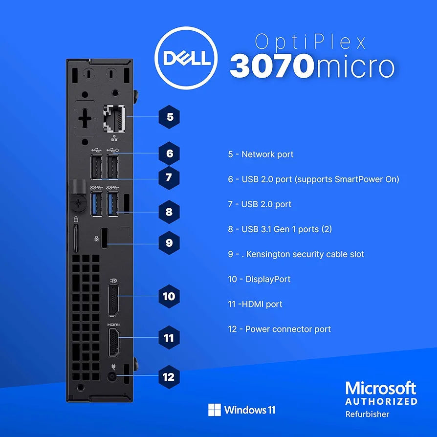 Dell Optiplex 3070 Micro PC | Windows 11 Pro | Intel i5-9500 | 8GB RAM + 250GB SSD | 5G WiFi + BT | Mini Desktop Computer (Renewed)