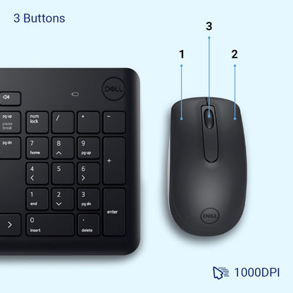 Dell KM3322W Wireless USB Keyboard and Mouse Combo (Full-Size, Hot Keys, 1000 DPI, Black)