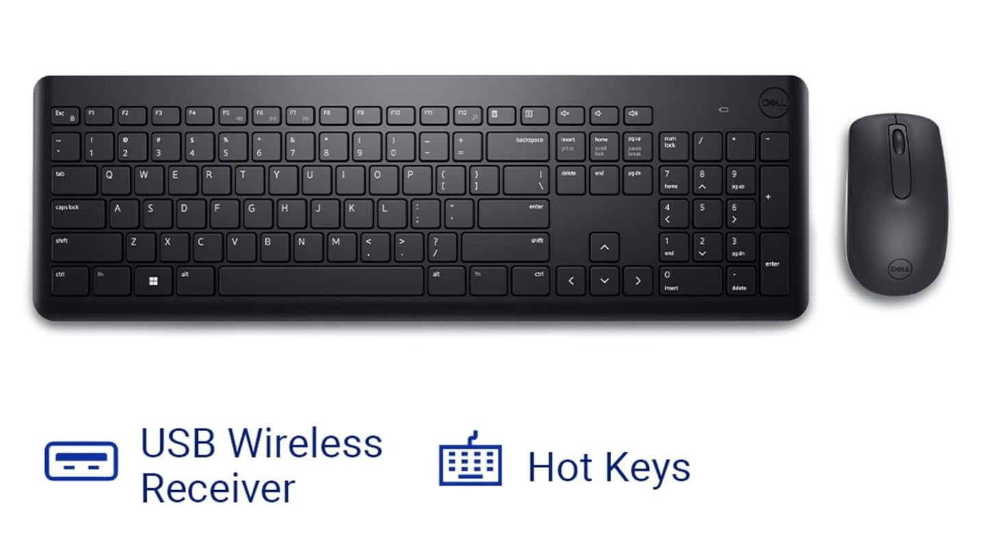 Dell KM3322W Wireless USB Keyboard and Mouse Combo (Full-Size, Hot Keys, 1000 DPI, Black)