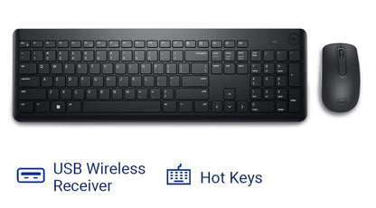 Dell KM3322W Wireless USB Keyboard and Mouse Combo (Full-Size, Hot Keys, 1000 DPI, Black)
