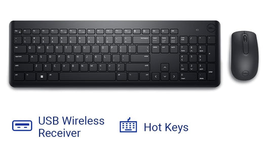 Dell KM3322W Wireless USB Keyboard and Mouse Combo (Full-Size, Hot Keys, 1000 DPI, Black)