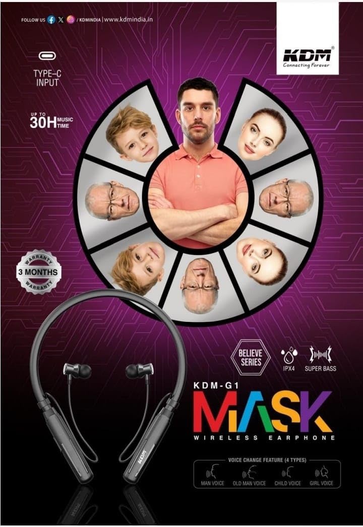 KDM G1 Mask Wireless Neckband Bluetooth Earphones with Voice Changeover Feature, Up to 30Hrs Music time, IPX4, Super Bass, Black (KDM-G1 Mask)