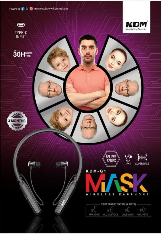 KDM G1 Mask Wireless Neckband Bluetooth Earphones with Voice Changeover Feature, Up to 30Hrs Music time, IPX4, Super Bass, Black (KDM-G1 Mask)
