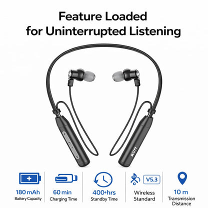 KDM A2 Glamour Wireless Neckband Earphones, Bluetooth 5.3, 24 Hours Playtime, Type-C Charging, Black