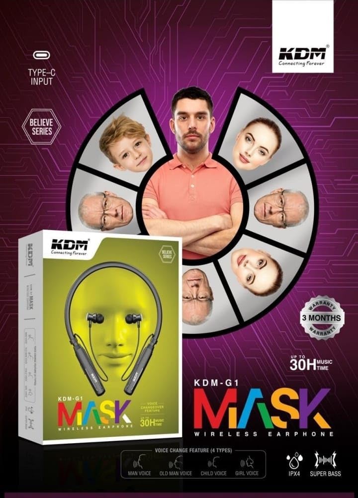 KDM G1 Mask Wireless Neckband Bluetooth Earphones with Voice Changeover Feature, Up to 30Hrs Music time, IPX4, Super Bass, Black (KDM-G1 Mask)