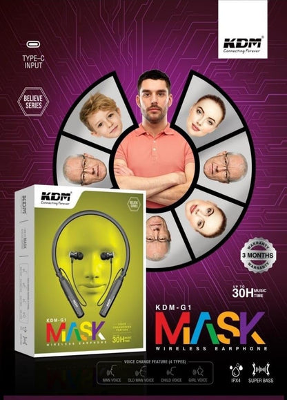 KDM G1 Mask Wireless Neckband Bluetooth Earphones with Voice Changeover Feature, Up to 30Hrs Music time, IPX4, Super Bass, Black (KDM-G1 Mask)