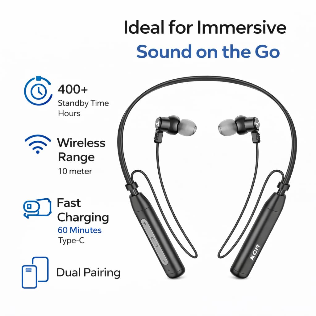 KDM A2 Glamour Wireless Neckband Earphones, Bluetooth 5.3, 24 Hours Playtime, Type-C Charging, Black