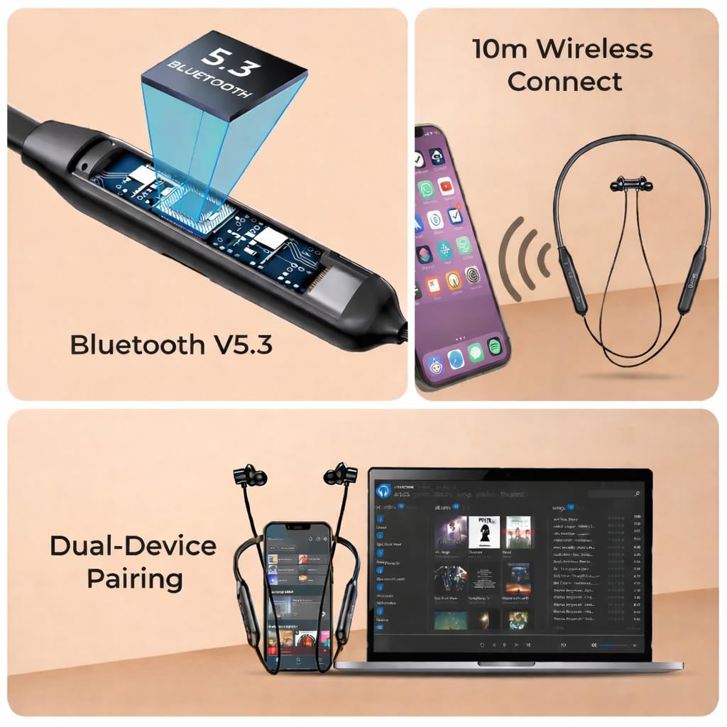 KDM A2 Glamour Wireless Neckband Earphones, Bluetooth 5.3, 24 Hours Playtime, Type-C Charging, Black